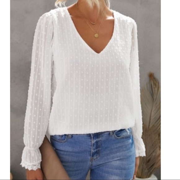 White Dot V - Necked Long Sleeve Blouse - Picture 4 of 5